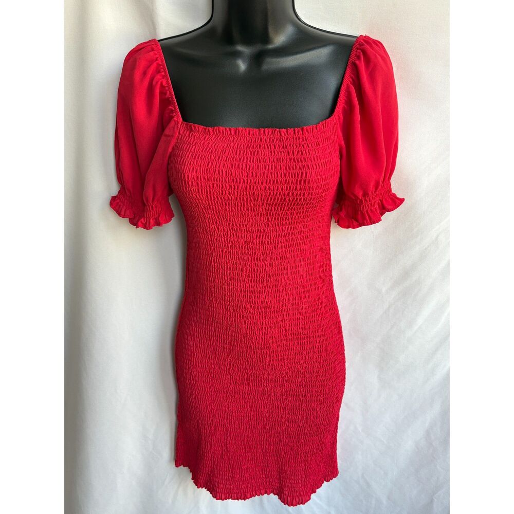 Trixxi Smocked Red Dress Size L Romantic Datenight Feminine Girly Puff Sleeves